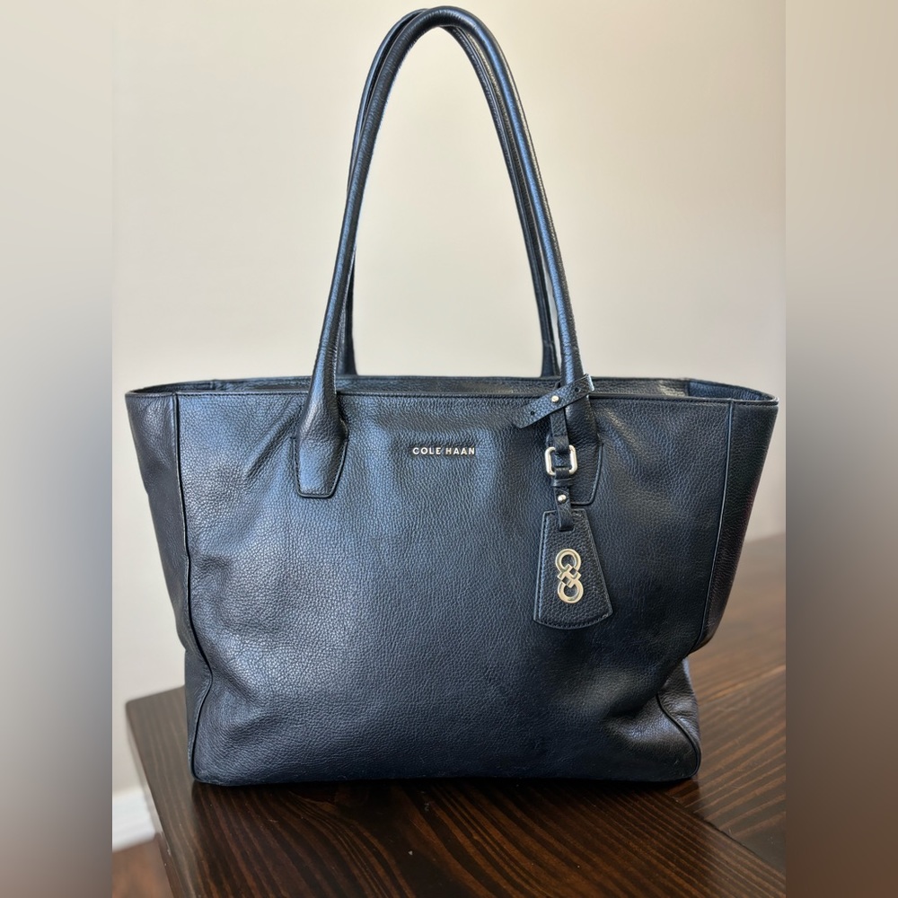 Cole Haan Black Leather Tote with gold zipper top